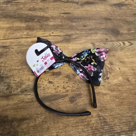 New Justice Floral Black Headband with Bow - Picture 2 of 7